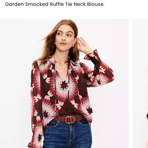 LOFT  NWT Garden Smocked Ruffle Tie Neck Blouse Red, Brown, Cream Size XS Petite